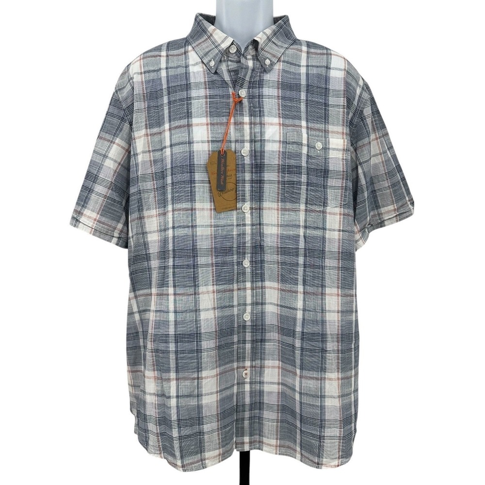 Weatherproof Vintage Short Sleeve Shirt Poseidon Blue Plaid Cotton Men's XXL NWT